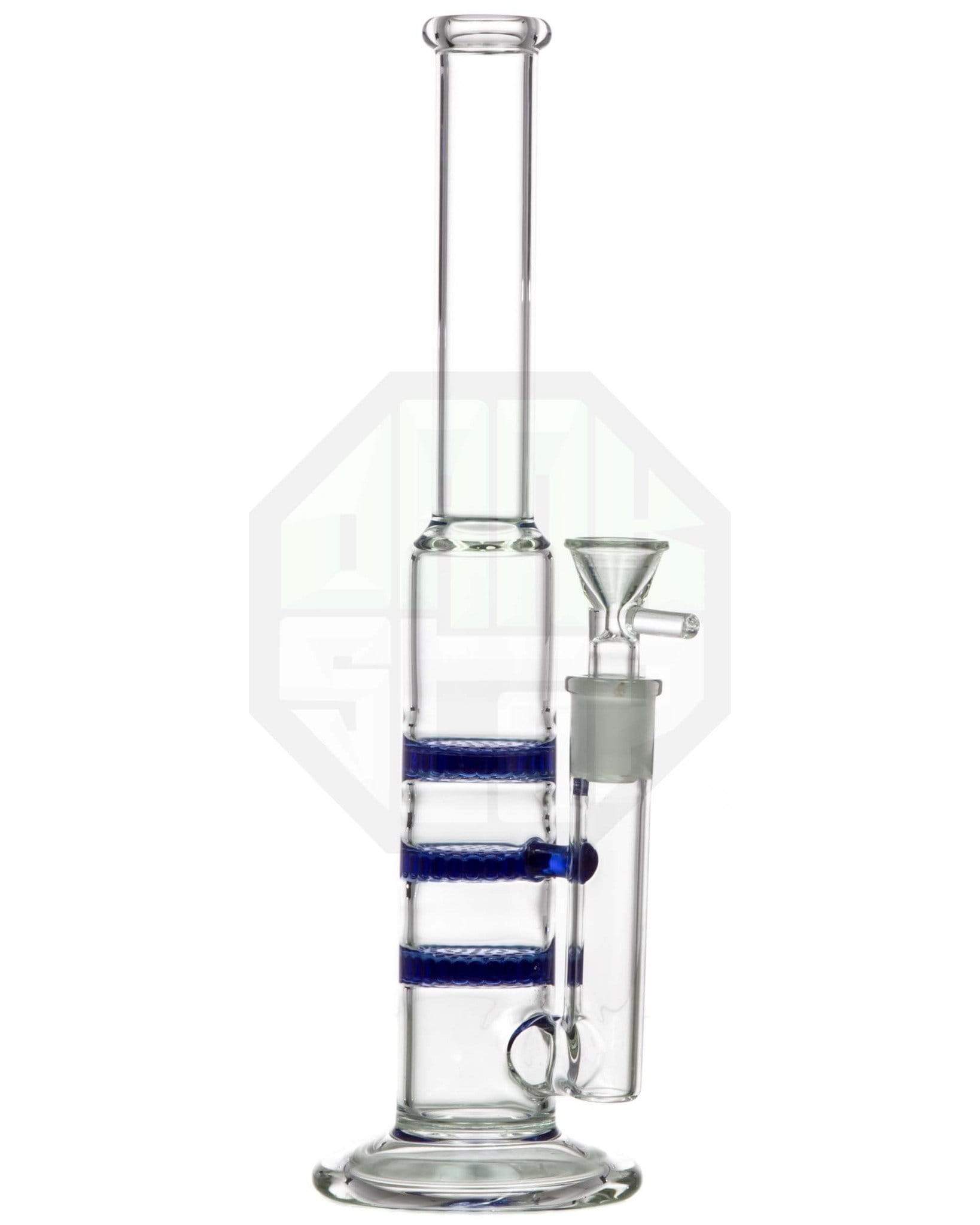 triple honeycomb bong, blue accented glass triple honeycomb bong, blue accented glass
